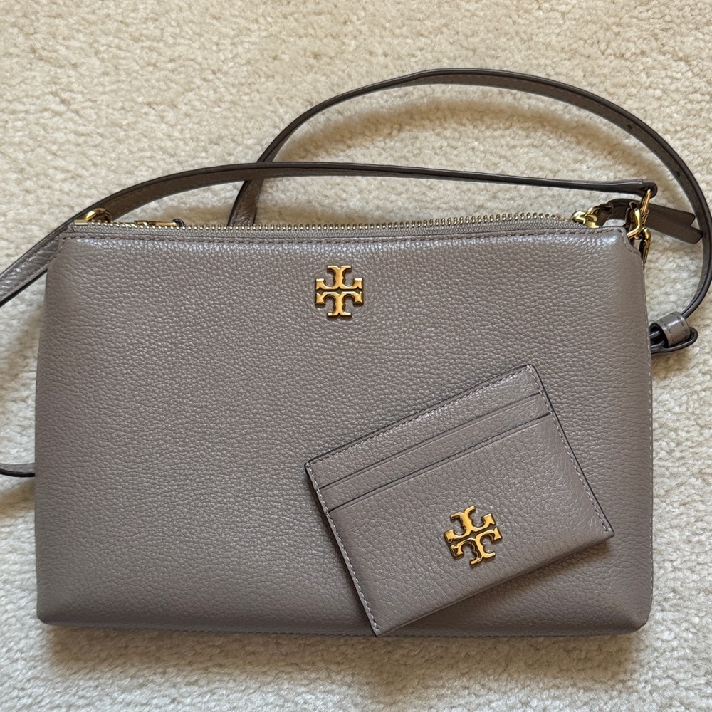 Tory Burch Taupe Leather Crossbody Bag with Card Holder